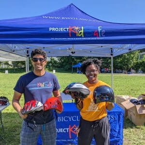 Attorney Reza Breakstone with Shavel'le Olivier of Mattapan Food and Fitness Coalition at Mattapan on Wheels in 2021.